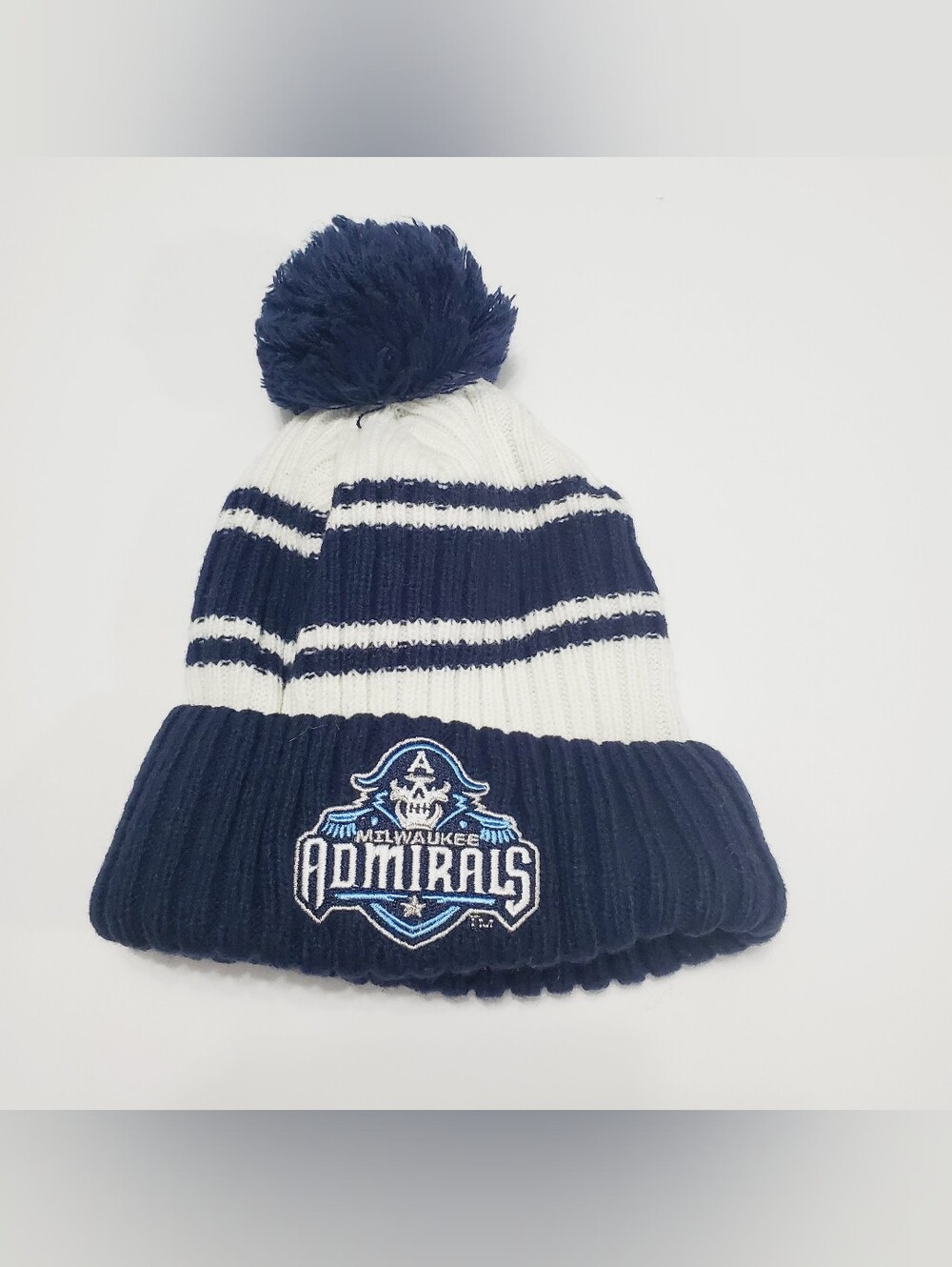 Milwaukee Admirals Unisex Winter Beanie Hat With Pom Blue & White Knit Pattern